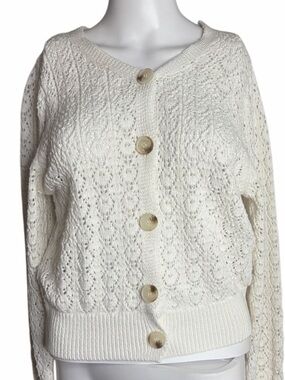 TF Classic White Open-Knit Button Cardigan Sweater Medium
